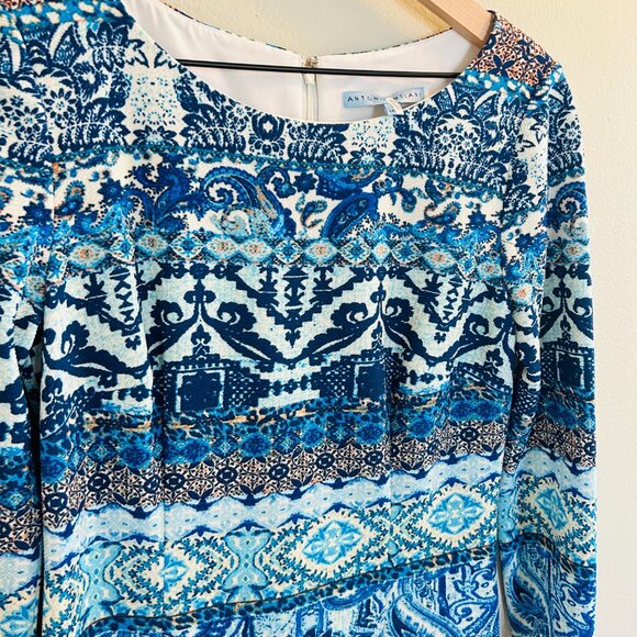 ANTONIO MELANI Blue Scuba Sheath Dress Womens Size 6 Abstract 3/4 Sleeve Work - Picture 4 of 9